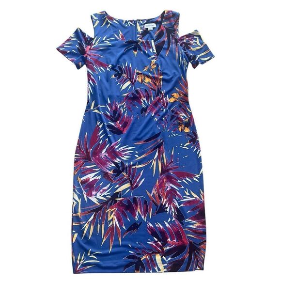 Calvin Klein Tropical Blue and Purple Cold Shoulder Dress Size 6 - Picture 1 of 14